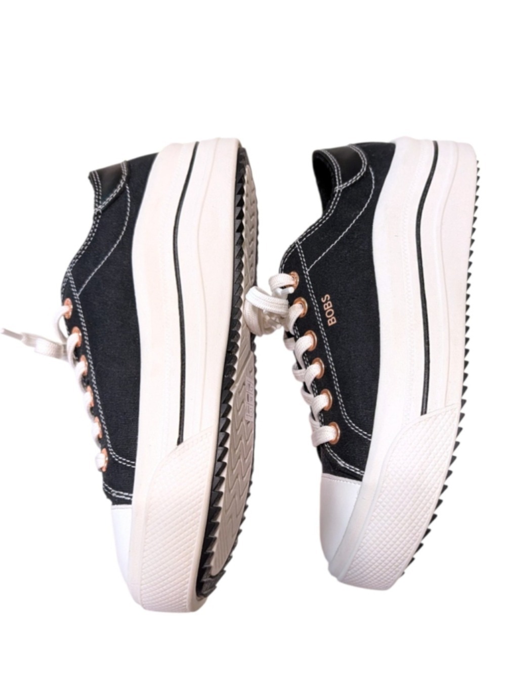 BOBS from Skechers Black White Canvas Sneakers Rose Gold Eyelets - Picture 4 of 9